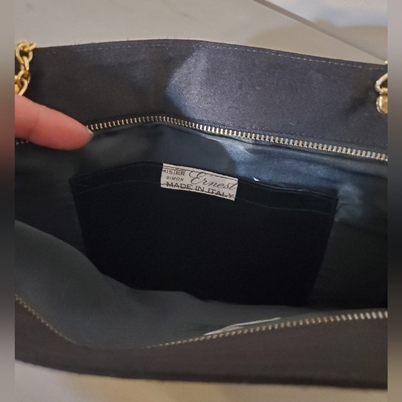 Vintage Italian Black Evening Bag Velvet Satin 80s Clutch Double Chain Gold - Picture 4 of 10
